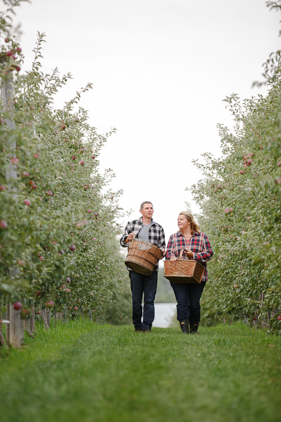 farm photographer - farmers walk down a row of trees in their orchard