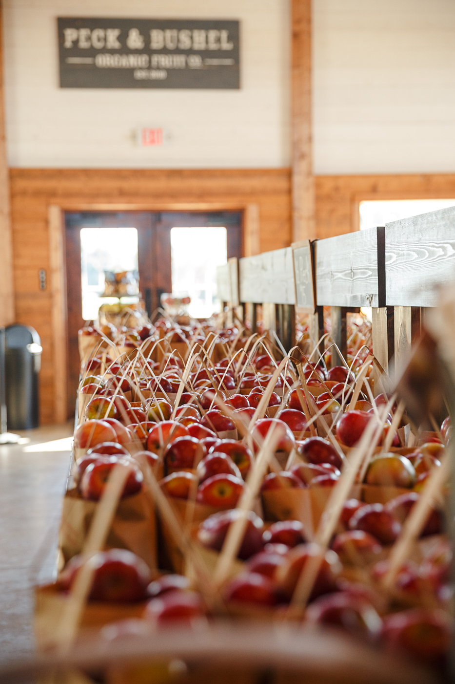 farm photographer - bags of harvested organic apples for sale in the retail barn